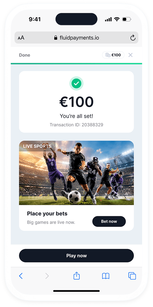 Fluid Cashier — sportsbook bet-slip deposit on a player phone